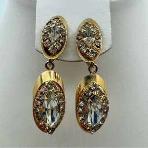 Gold Tone Oval Rhinestone Drop Earrings Vintage Glam